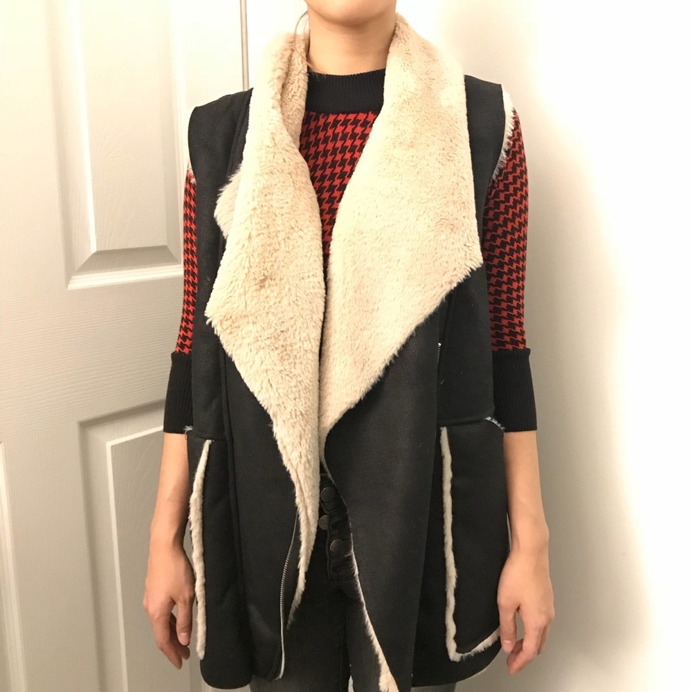 Faux Shearling Vest - Black/Cream